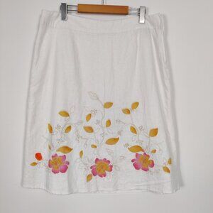 Pennington's Women's Floral Embroidered White Skirt Size 14 Linen Bohemian
